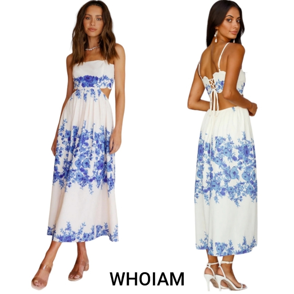 Nwt WHOIAM Aussie Design Creme/Blue Floral Lace up Bodice Elastic Midi S…